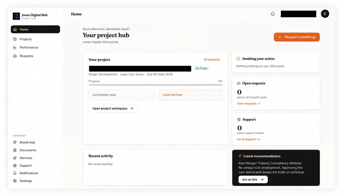 Jones Digital Hub client portal dashboard showing the navigation sidebar, project activity status and notification panels